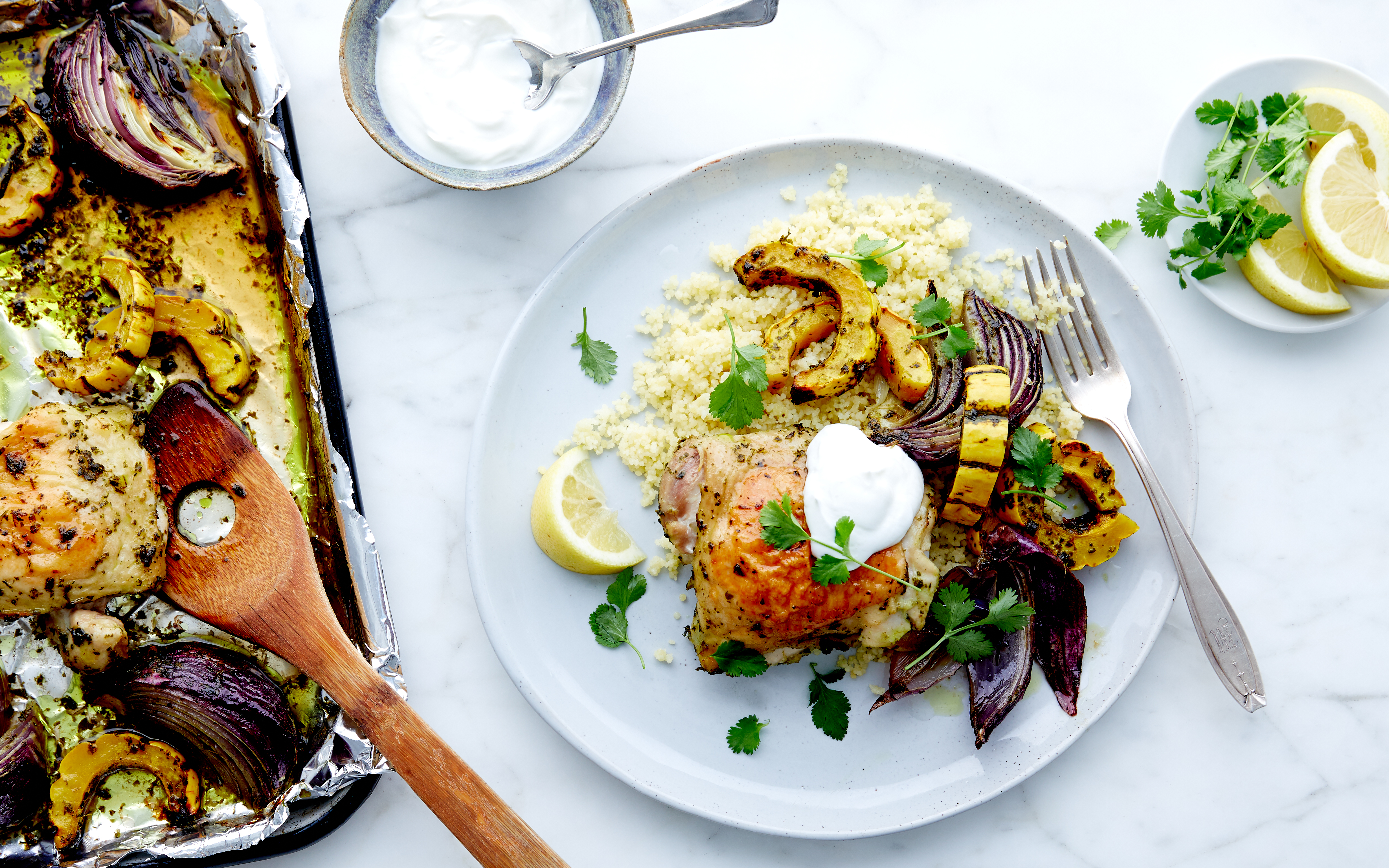 SheetPan Green Harissa Chicken Thighs with Delicata 3 servings Good Eggs Meal Kits Good Eggs