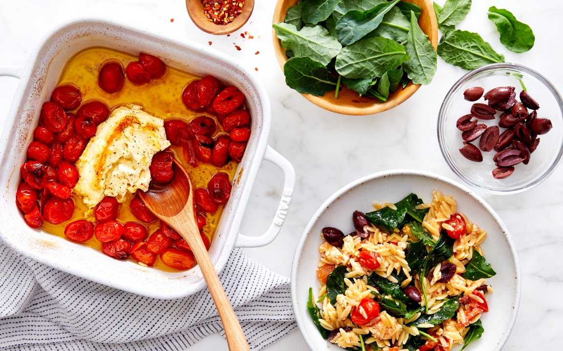 Baked Feta with Cherry Tomatoes Orzo servings Good Eggs