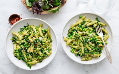 Pesto Pasta with Peas & Green Garlic