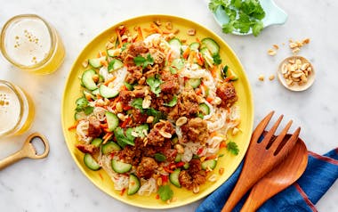 Rice Noodle Salad with Seitan, Cucumbers & Carrots