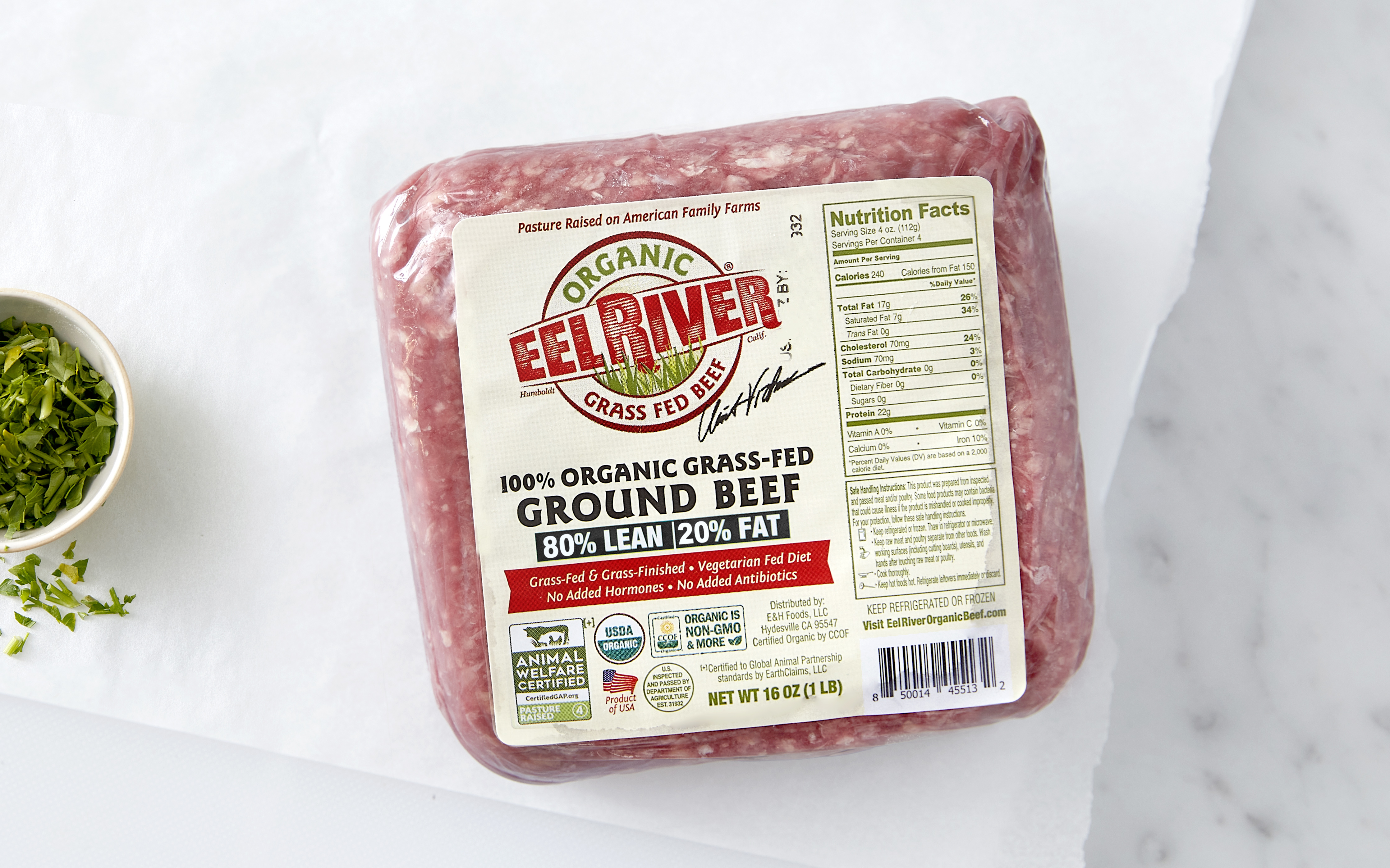Organic GrassFed Ground Beef (80/20, Frozen) 16 oz Eel River