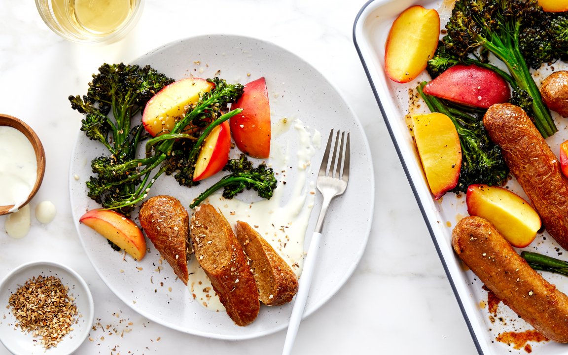 SheetPan Veggie Sausages with Peaches & Broccoli Good Eggs Meal Kits