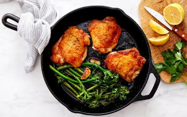 One-Pan Chicken Thighs with Charred Baby Broccoli