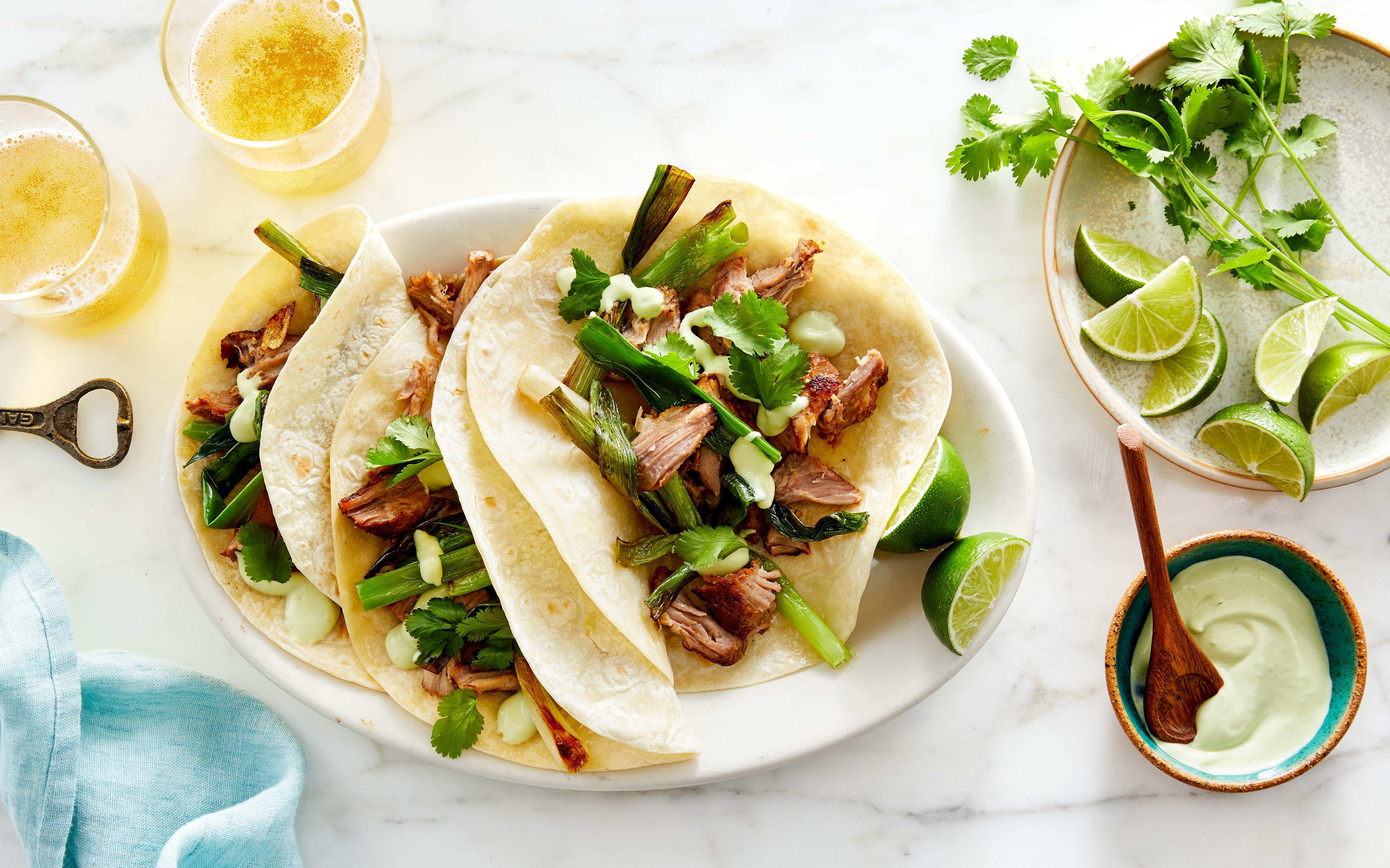 Carnitas Tacos with Charred Spring Onions servings Good Eggs