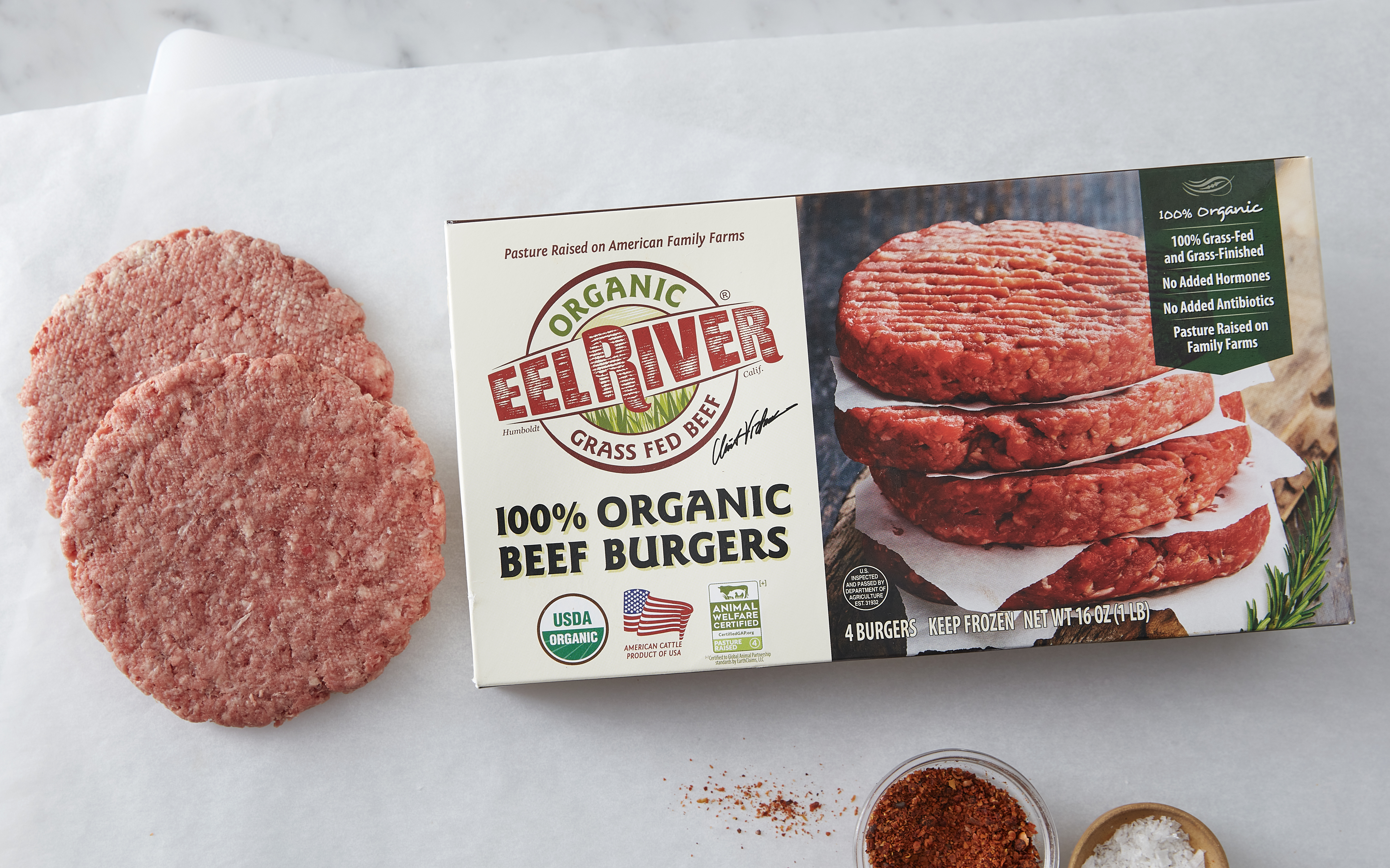 Organic GrassFed Beef Patties (80/20, Frozen) 16 oz Eel River