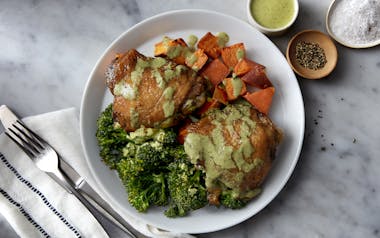 Roasted Chicken Thighs with Sweet Potatoes & Aji Verde