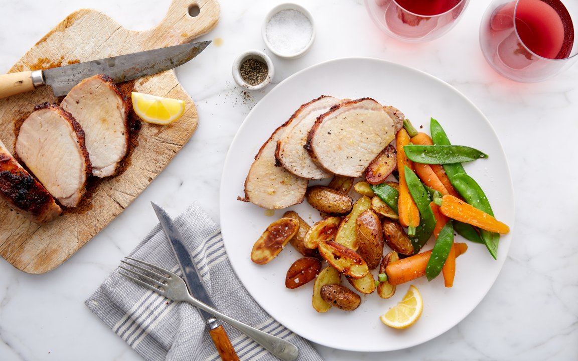 Brined Pork Chop with Buttered Carrots Sugar Snaps servings