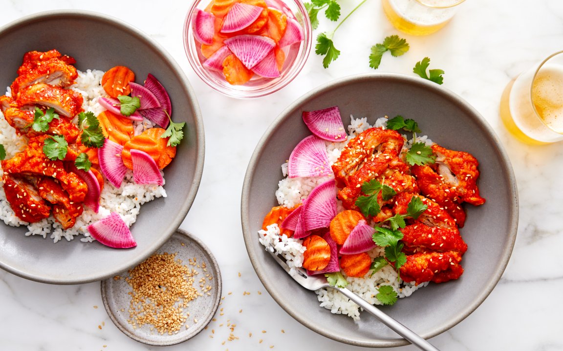 Gochujang Fried Chicken with Quick-Pickled Daikon servings