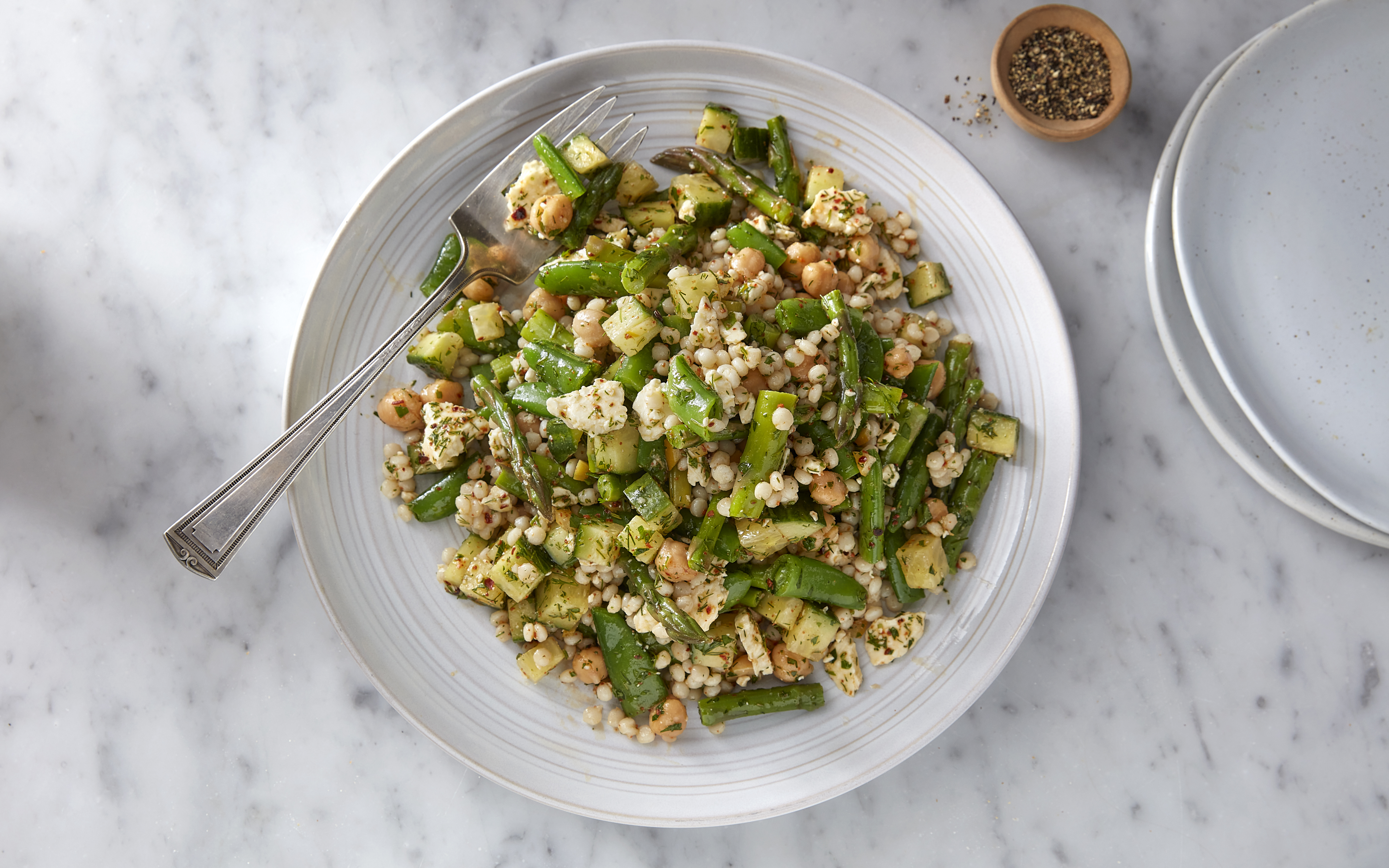 Asparagus & Israeli Couscous Salad with Garbanzo beans, Feta, & Dill