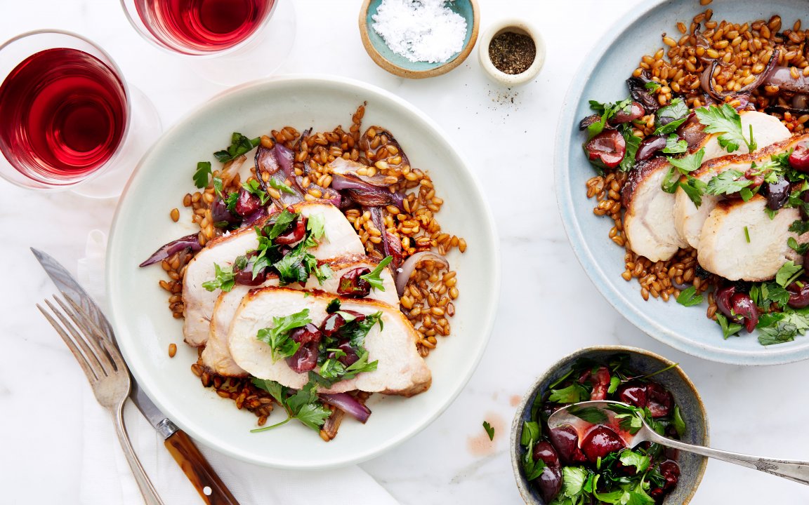 Brined Pork Chop with Cherries Farro servings Good Eggs
