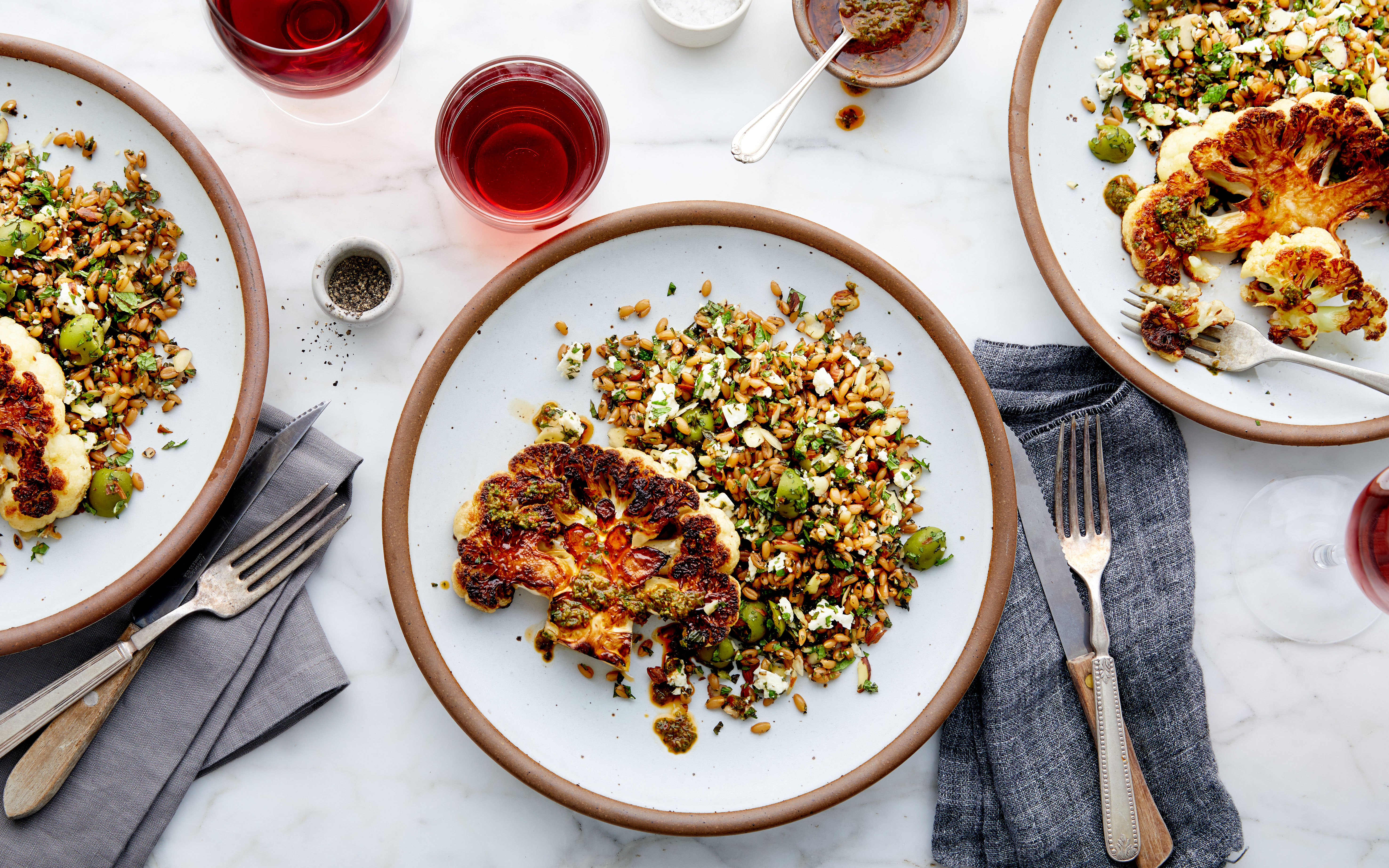 Cauliflower Steaks with Salsa Verde & Toasted Farro 3 servings Good Eggs Meal Kits Good Eggs