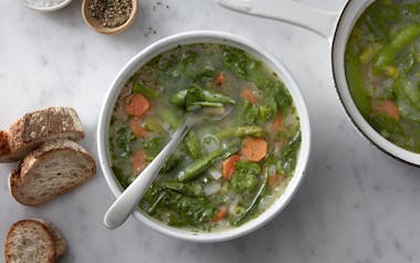 Spring Minestrone Soup with Asparagus, Snap Peas & White Miso 