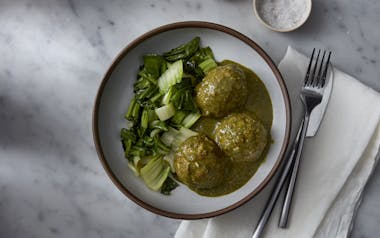 Ginger Chicken Meatballs with Green Curry & Bok Choy