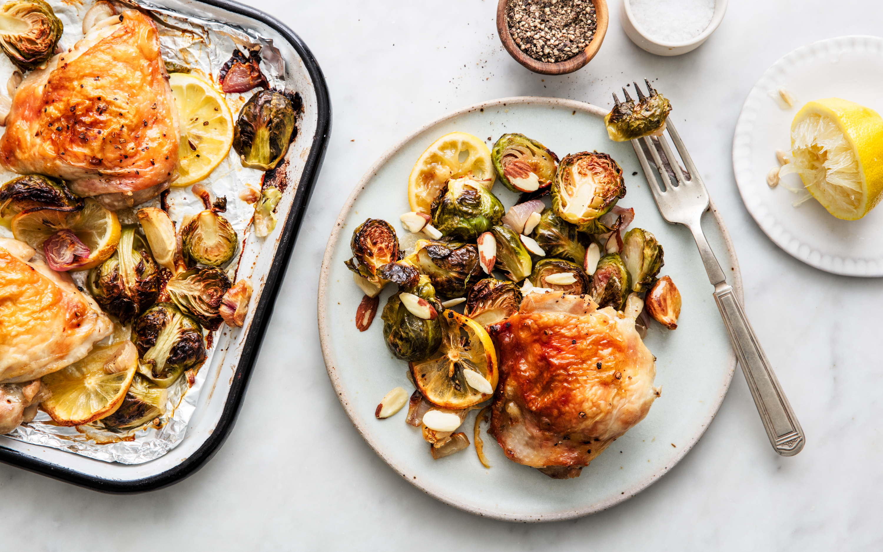 Sheet Pan Chicken Thighs with Brussels Sprouts Shallots