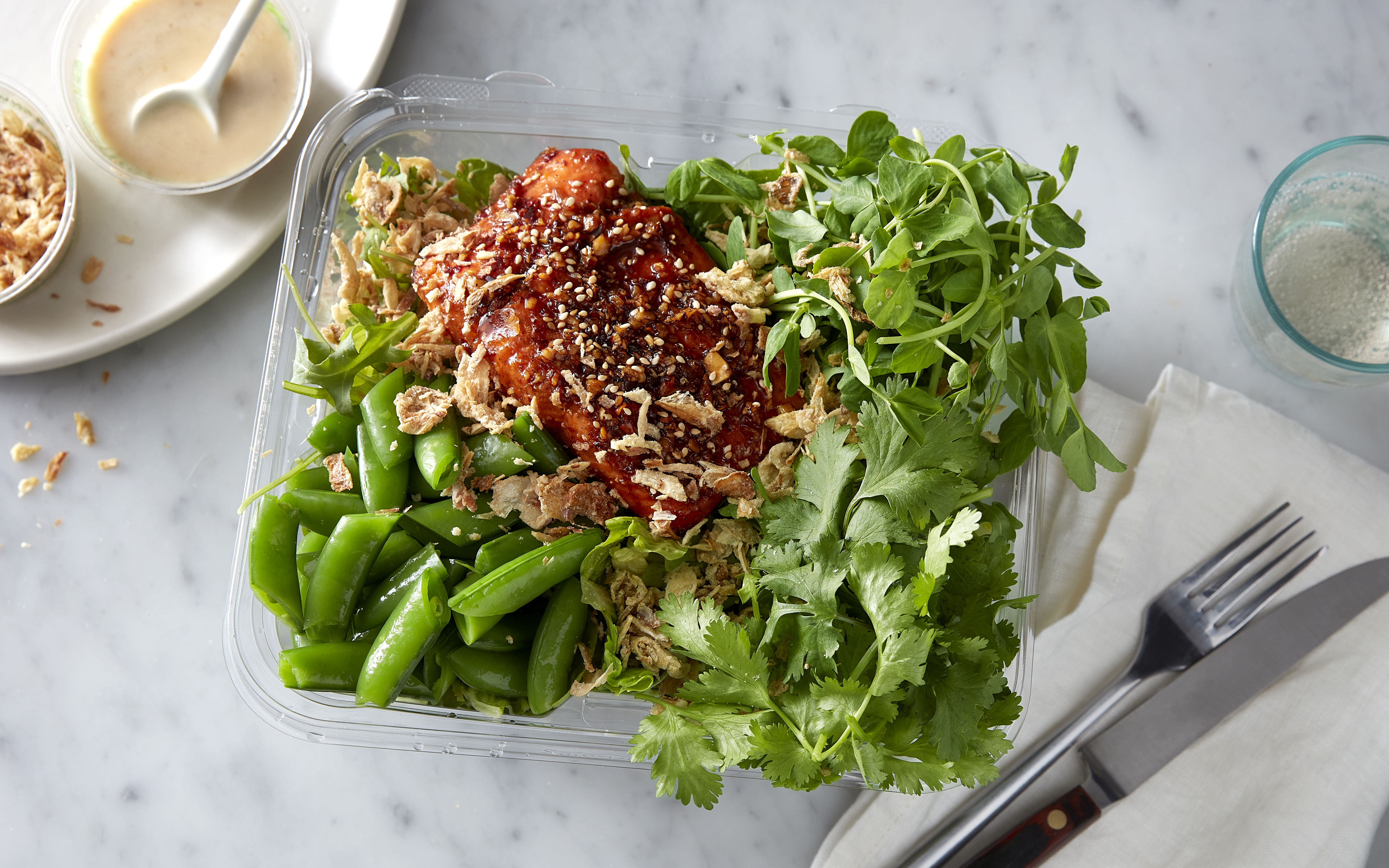 Momofuku Honey Chili Salmon Salad with Sugar Snap Peas & Crispy Shallot